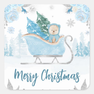 Pegatina Cuadrada Navidades acuarela de color azul azul de invierno 
