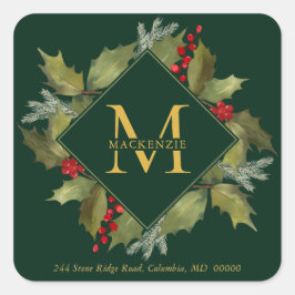 Pegatina Cuadrada Navidades acuarela Gran Monograma Holly Wreath