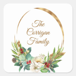 Pegatina Cuadrada Navidades acuarela Magnolia y guirnalda de Berry