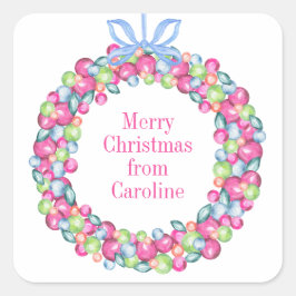Pegatina Cuadrada Navidades acuarelas Colorful Baubles Wreath