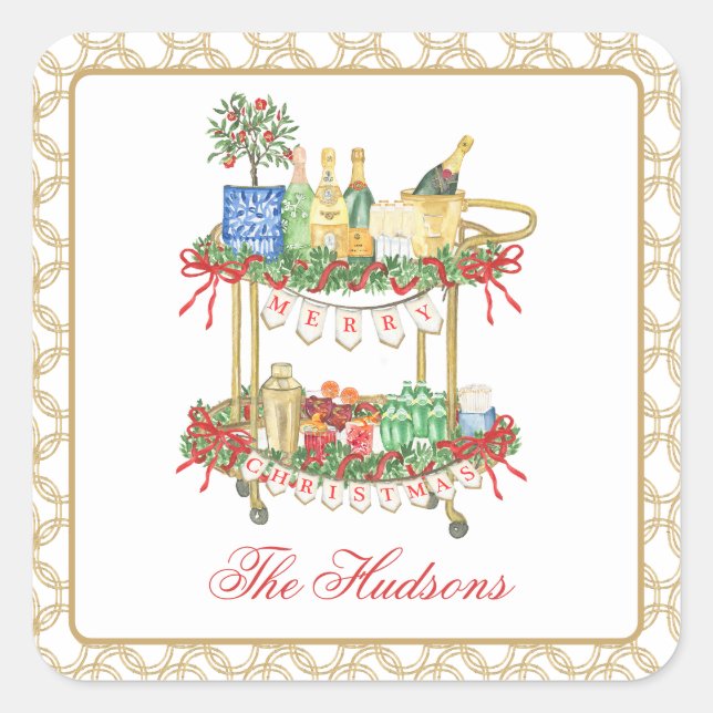 Pegatina Cuadrada Navidades acuáticos Champán Bar Cart (Anverso)