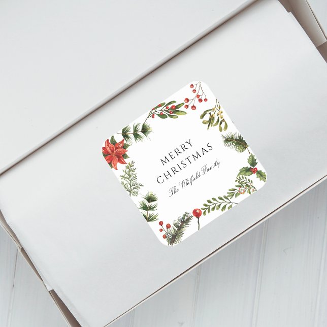 Pegatina Cuadrada Navidades acuáticos Vegetación de vacaciones (Christmas Red Berries Botanical Script Envelope Seal Sticker)