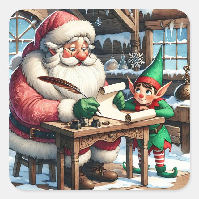 Pegatina Cuadrada Navidades Adorables de Santa y Elf (Anverso)