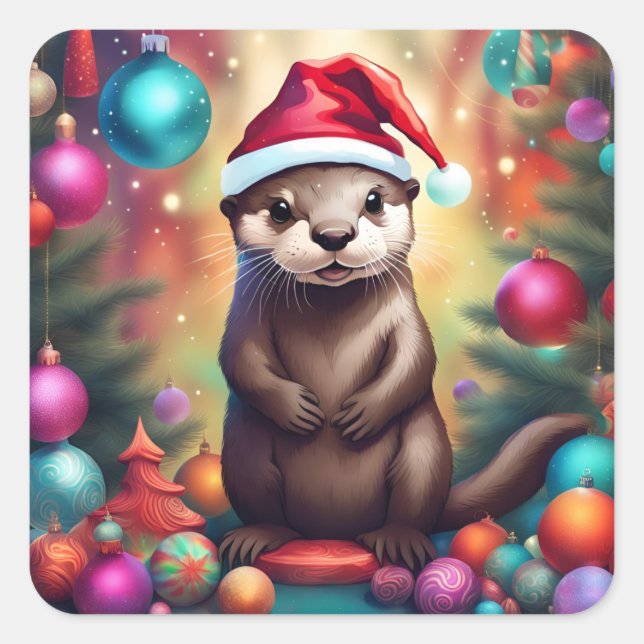 Pegatina Cuadrada Navidades Adorables Otter (Anverso)