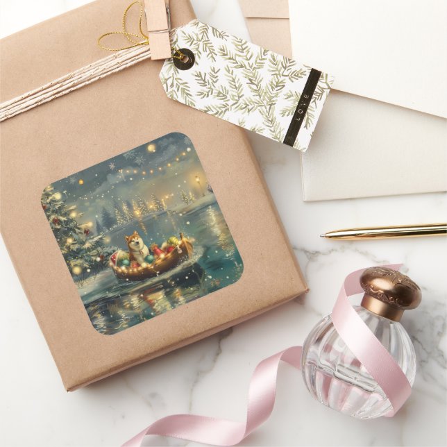 Pegatina Cuadrada Navidades Akita Festividad (Regalar)