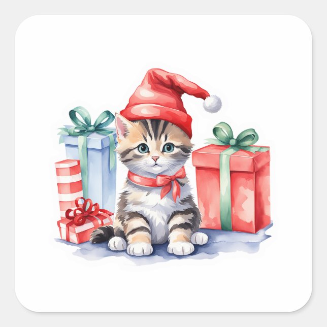 Pegatina Cuadrada 🎄 Navidades amables gatitos con palos de regalo (Anverso)