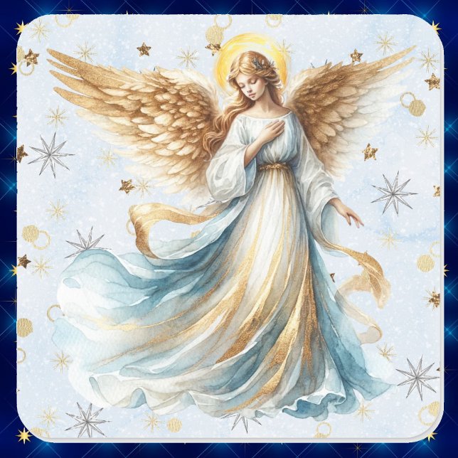 Pegatina Cuadrada Navidades Angel Gold Blue Watercolor (Subido por el creador)