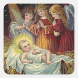 Pegatina Cuadrada Navidades Angels saludo al bebé Jesús Imagen de ép