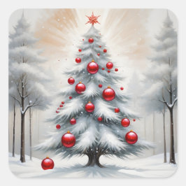 Pegatina Cuadrada Navidades Art Deco Invierno de Ornamentos Rojos