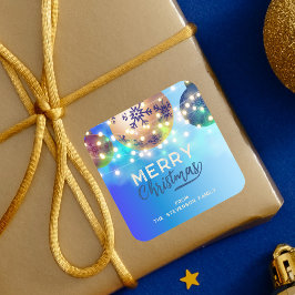 Pegatina Cuadrada Navidades azules Baubles Twinkling String Lights