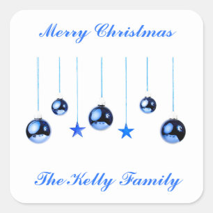 Pegatina Cuadrada Navidades azules Bolas de decoración con texto
