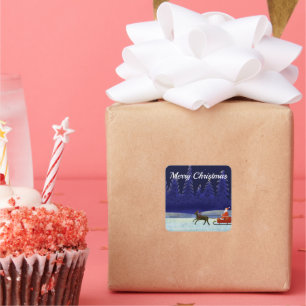 Pegatina Cuadrada Navidades azules de noche con Santa Claus y renos