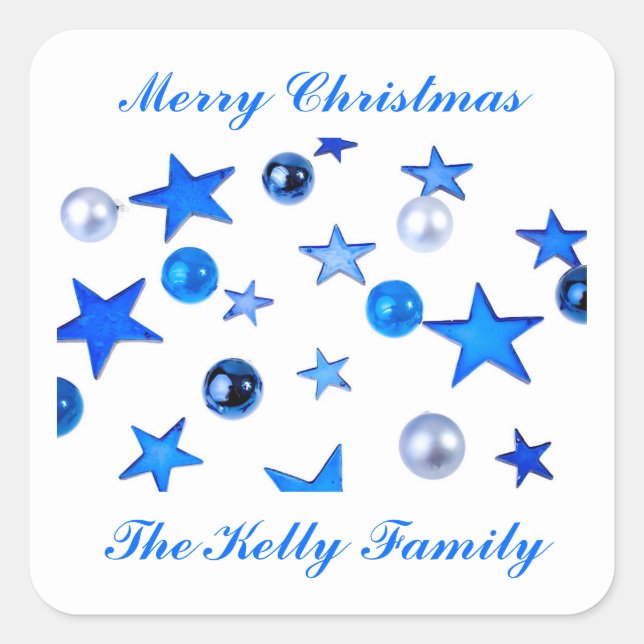 Pegatina Cuadrada Navidades azules Ornamentos de decoración con text (Anverso)