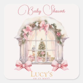 Pegatina Cuadrada Navidades Baby Shower color de agua de petaca rosa