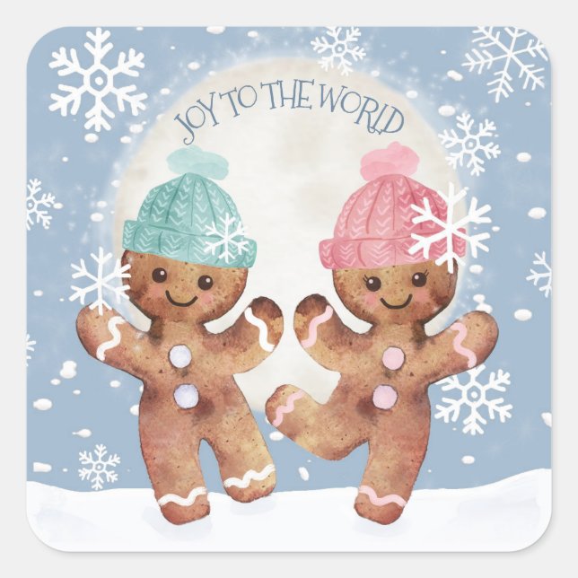 Pegatina Cuadrada Navidades bailarines Joy Gingerbread Cookie Snowfl (Anverso)