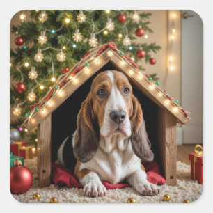 Pegatina Cuadrada Navidades Basset Hound en una casa de perros