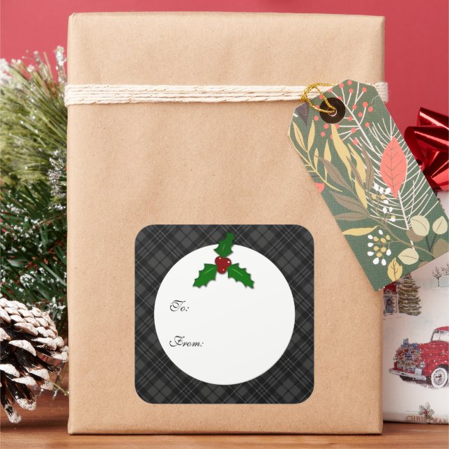 Pegatina Cuadrada Navidades blancos negros tartan Holly twig Gift Et (Vacaciones)