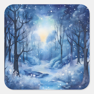 Pegatina Cuadrada Navidades Blue Trees Woods River Snowy Scene