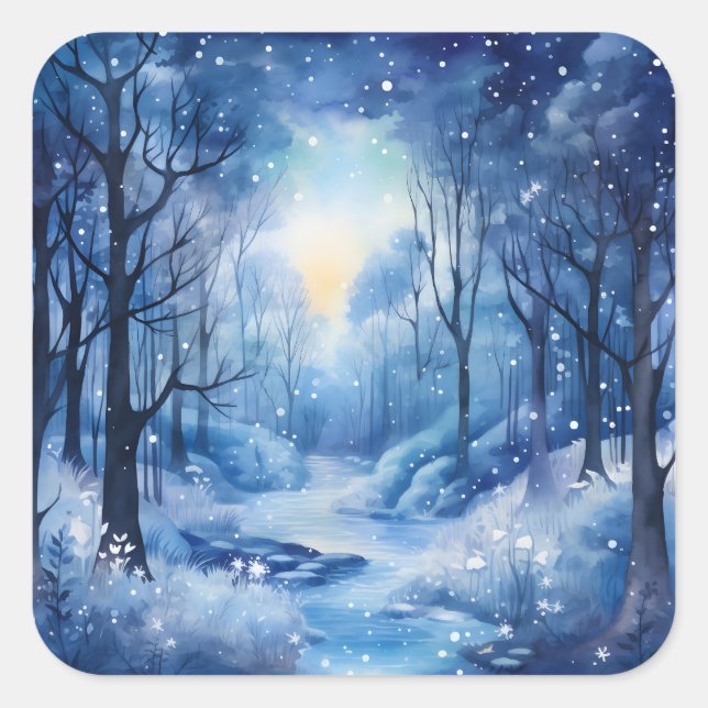 Pegatina Cuadrada Navidades Blue Trees Woods River Snowy Scene (Anverso)
