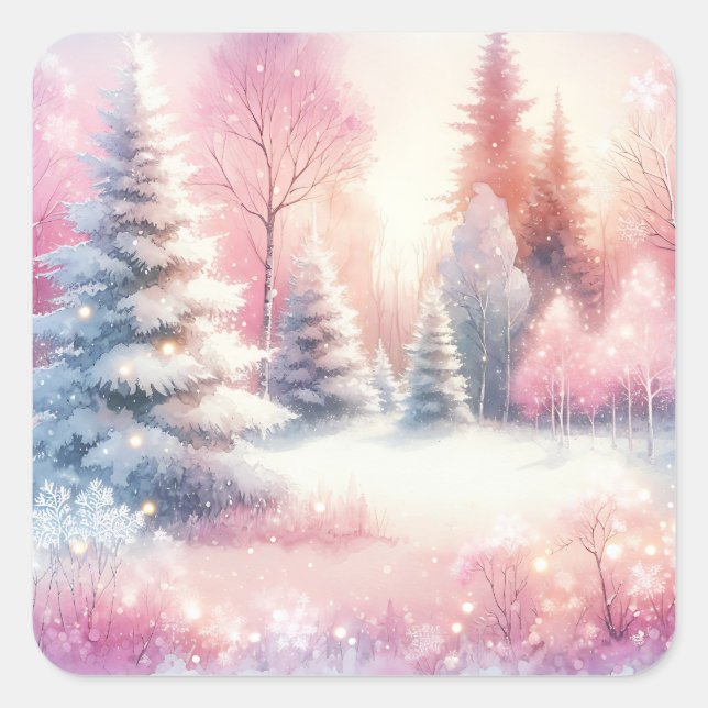 Pegatina Cuadrada Navidades bonito Pink Winter Wonderland (Anverso)