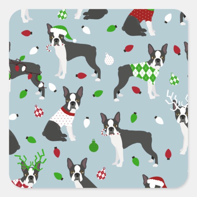 Pegatina Cuadrada Navidades Boston Terrier (Anverso)