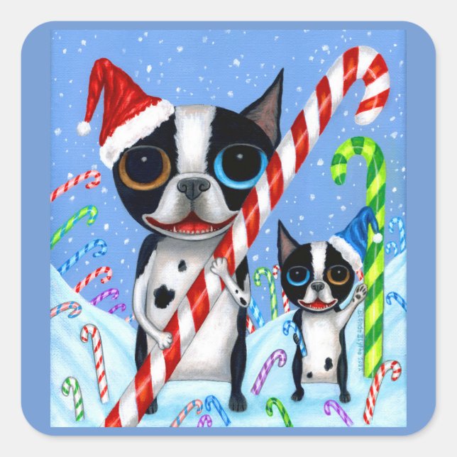 Pegatina Cuadrada Navidades Boston Terrier Perros Candy Cane Santa H (Anverso)