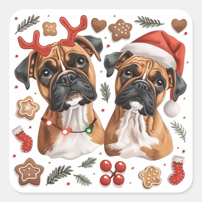 Pegatina Cuadrada Navidades Boxer Dogs (Anverso)