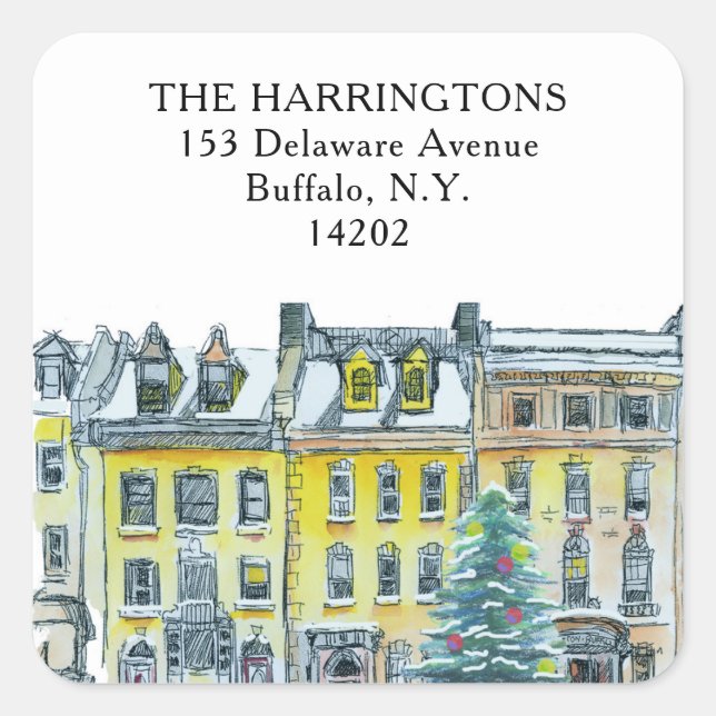 Pegatina Cuadrada Navidades Brownstone Golden Hand Drawn Address (Anverso)
