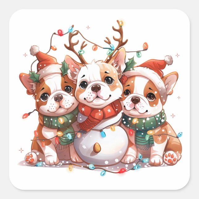 Pegatina Cuadrada Navidades Bulldog inglés Reindeer Santa (Anverso)