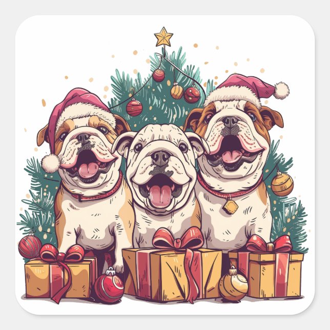 Pegatina Cuadrada Navidades Bulldog inglés Santa Hats (Anverso)