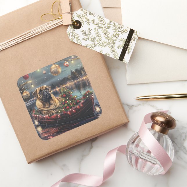 Pegatina Cuadrada Navidades Bullmastiff Voyage festivo (Regalar)