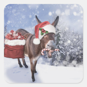 Pegatina Cuadrada Navidades burro con gorra rojo gracioso