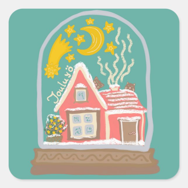 Pegatina Cuadrada Navidades Cabaña finlandesa nocturna sobre verde p (Anverso)