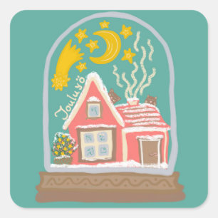 Pegatina Cuadrada Navidades Cabaña finlandesa nocturna sobre verde p