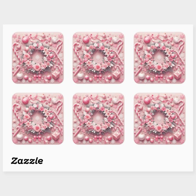 Pegatina Cuadrada Navidades Candy Rosa Canes Balls Wreath (Hoja)