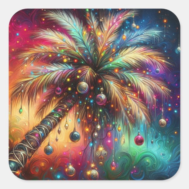 Pegatina Cuadrada Navidades caprichosos Palm Tree Tropical Beach Viv (Anverso)