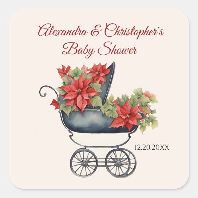 Pegatina Cuadrada Navidades Carriage Baby Shower (Anverso)