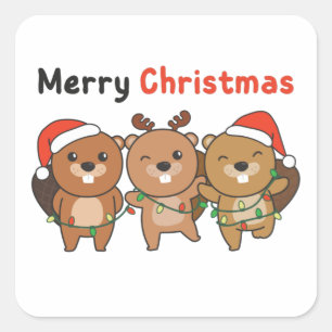 Pegatina Cuadrada Navidades castores animales castores navideños