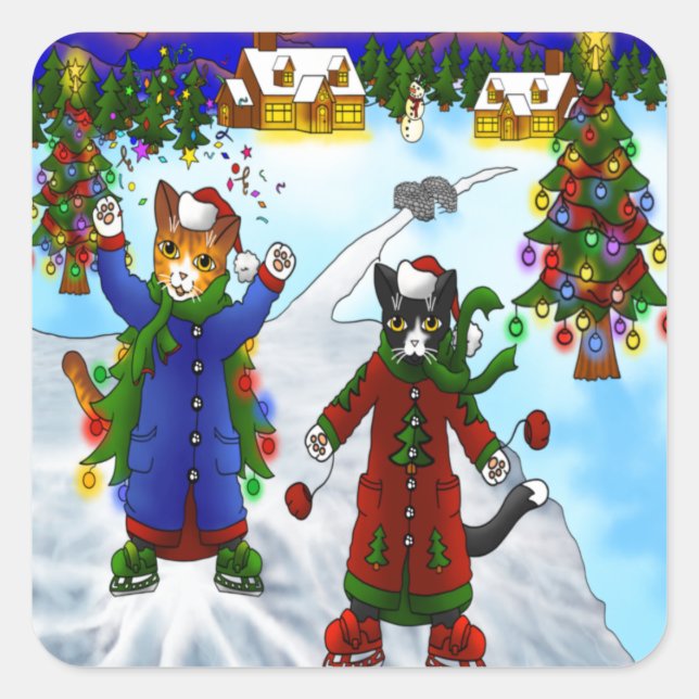 Pegatina Cuadrada Navidades Cats para patinaje sobre hielo V2 (Anverso)