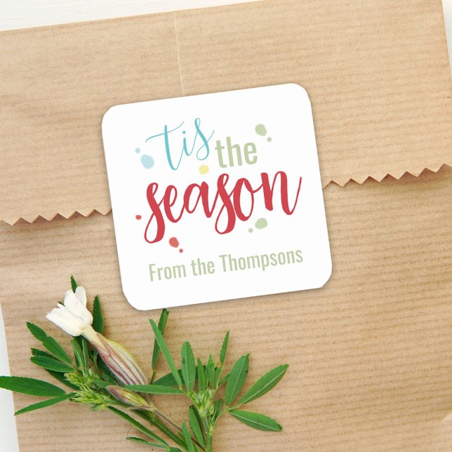 Pegatina Cuadrada Navidades celebran simple fiesta de temporada (Whimsical cute typography calligraphy script "tis the season" gift sticker. )