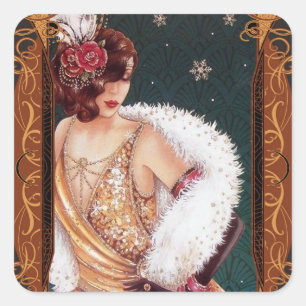 Pegatina Cuadrada Navidades Chica de Flapper con vestido Purpurinoso
