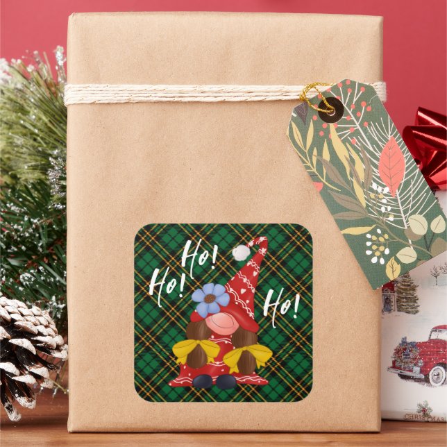 Pegatina Cuadrada Navidades Chica nórdico Gnome Green Plaid (Vacaciones)