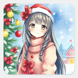 Pegatina Cuadrada Navidades Chicas de anime festivos