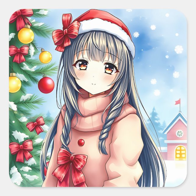 Pegatina Cuadrada Navidades Chicas de anime festivos (Anverso)
