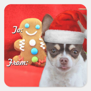 Pegatina Cuadrada Navidades Chihuahua obsequiando a pegatinas de eti