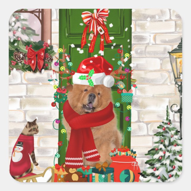 Pegatina Cuadrada Navidades Chow Chow Dog (Anverso)