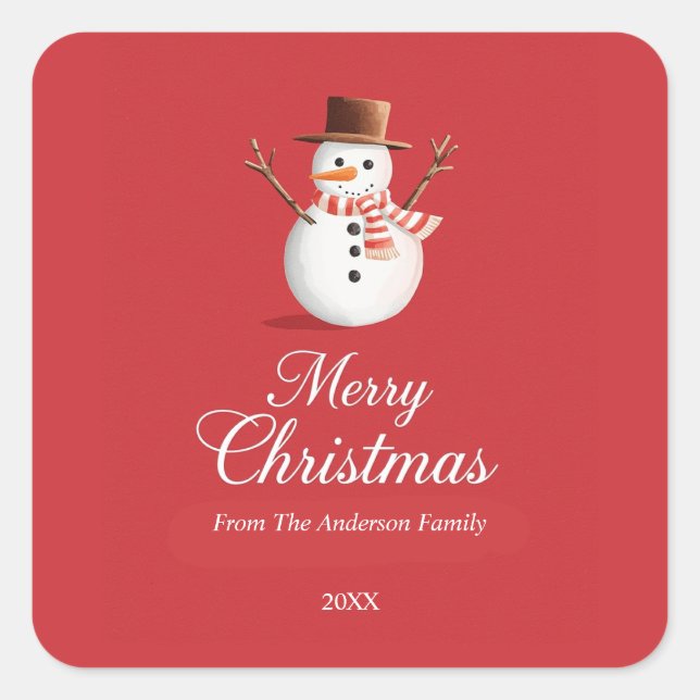 Pegatina Cuadrada Navidades clásicos de la familia Red Snowman (Anverso)