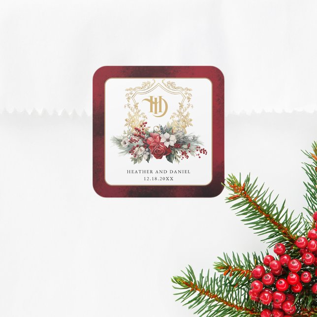 Pegatina Cuadrada Navidades clásicos Escudo floral Monograma Boda (Subido por el creador)