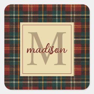 Pegatina Cuadrada Navidades clásicos Red Tartan Plaid Monograma Nomb