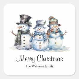 Pegatina Cuadrada Navidades clásicos Watercolor Snowman
